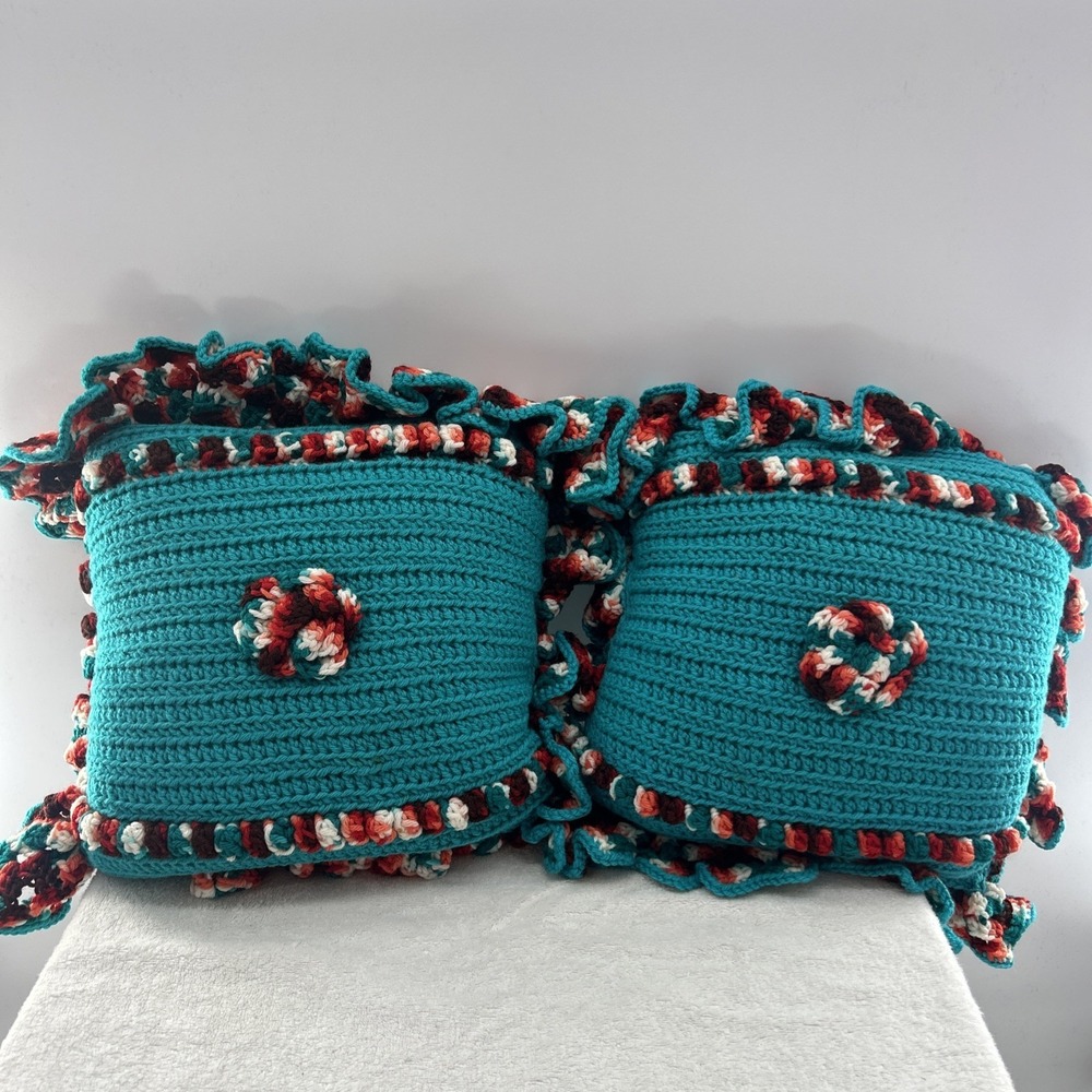 Decorative Pillows Handmade Crocheted Throw Pillows 3D Decor Teal Knit Ruffles